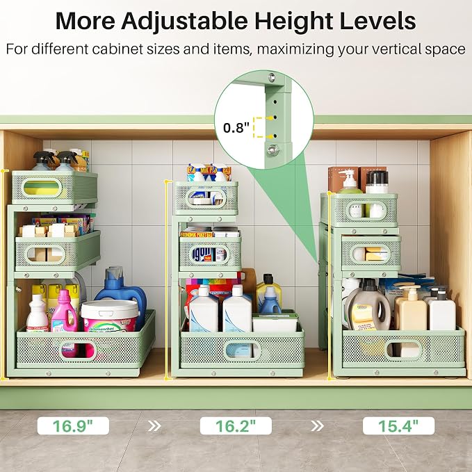 Kitstorack Under Sink Organizer, 1-Pack 3-Tier Height Adjustable Thickened Metal Pull out Cabinet Organizer Shelf, Slide out Storage Drawer Rack for Bathroom Kitchen Pantry Home Organization, Green