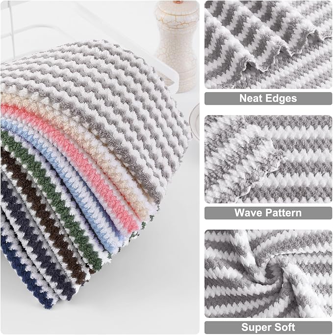 Homaxy Kitchen Towels(12 Pack, 10 x 20 inches), Ultra Soft and Absorbent Dish Towels, Reusable Fast Drying Microfiber Cleaning Cloth, Coral Velvet Wave Design No-lint, Grey