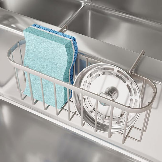 SWTYMIKI Sponge Holder for Kitchen Sink with Partition, Movable Kitchen Sink Caddy with Compact Size Rustproof and Waterproof Hanging Sponge Caddy for Double Bowl Sinks,Sand Nickel