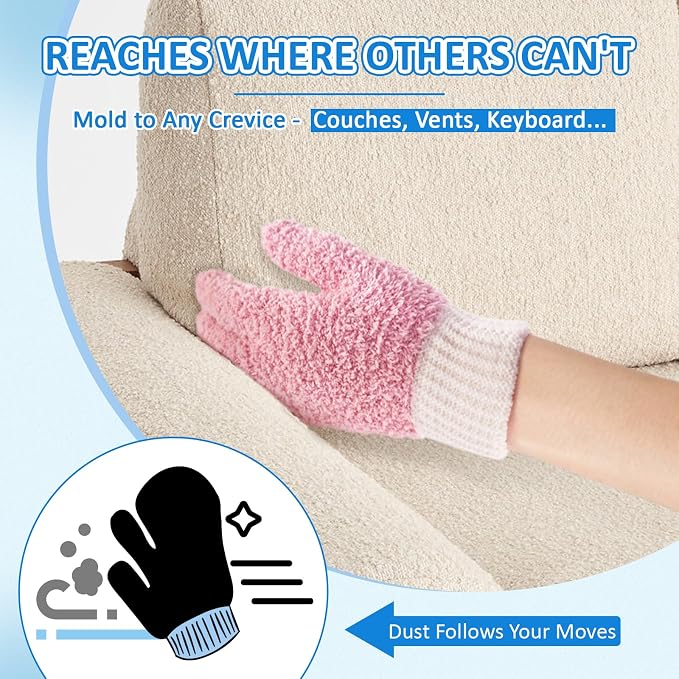 MIG4U Microfiber Dusting Gloves House Cleaning Glove for Blinds, Windows, Shutters, Furniture, and Car, Reusable Lint-Free Pink 2 Pairs S/M