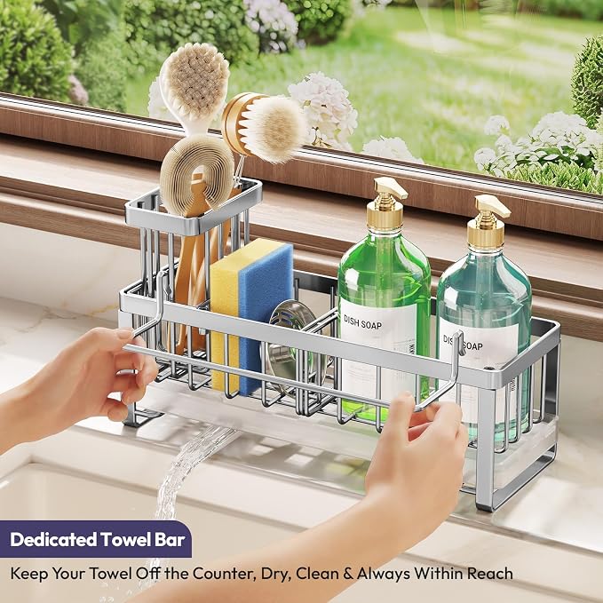 SWTYMIKI Sponge Holder for Kitchen Sink - Sink Caddy with Brush Holder Self-draining Sponge Caddy Organizer with Divider Stainless Steel Kitchen Accessories Storage for Countertop, Silver - Large
