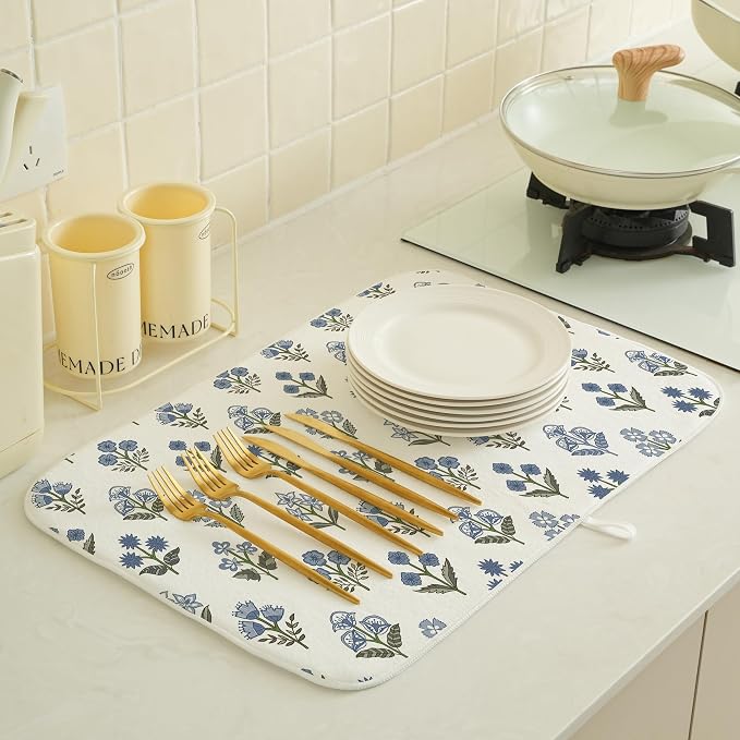 Block Print Dish Drying Mat 18x24 Inches For Kitchen Counter Boho Blue Flower Kitchen Decoration Drying Mat Modern Decorative Floral Drying Pad Mat for Home Kitchen Decor,Dining Room,Office