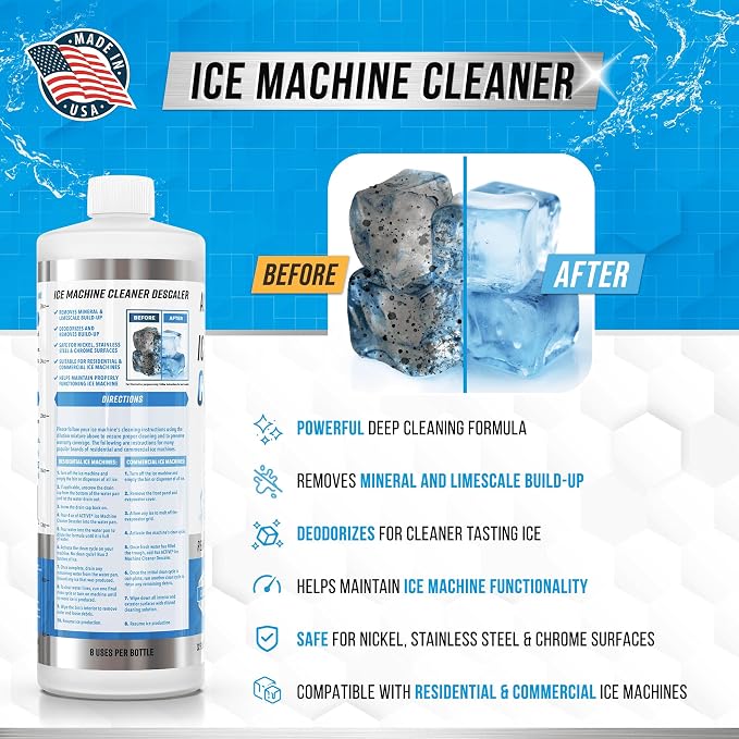 ACTIVE Ice Machine Cleaner Maker Descaler - 32 fl oz (8 Uses) Nickel Safe Ice Maker Cleaner Solution - Compatible with Whirlpool 4396808, Scotsman,Manitowoc,Hoshizaki, GE Opal Cleaning Kit - USA Made