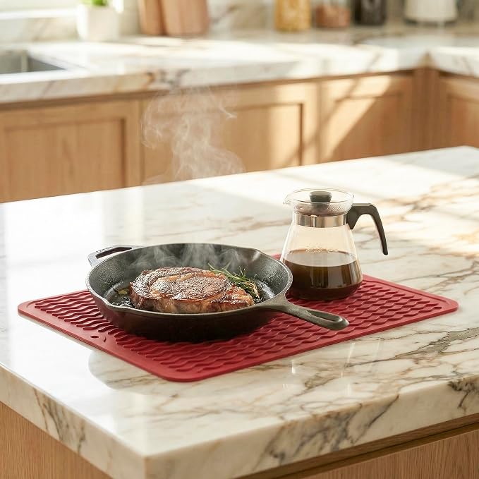 MicoYang Silicone Dish Drying Mat — Quick-Dry Ridges Counter & Sink Pad, Heat-Resistant Trivet to 450°F, Non-Slip & Dishwasher Safe, Roll-Up Storage, 18 Colors & 9 Sizes (Red, 16"×12")