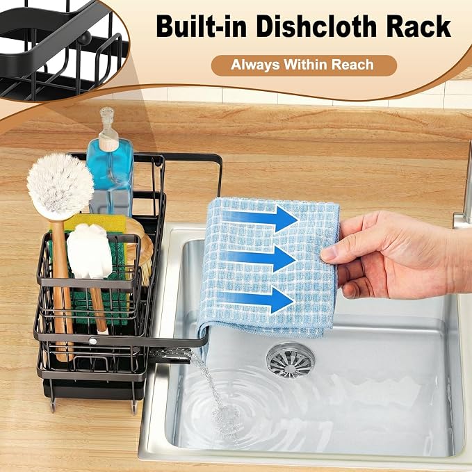 Sponge Holder for Kitchen Sink, Self-draining Sink Organizer with Towel Rack and Brush Holder, Metal Kitchen Sink Organizer for Countertop, Black