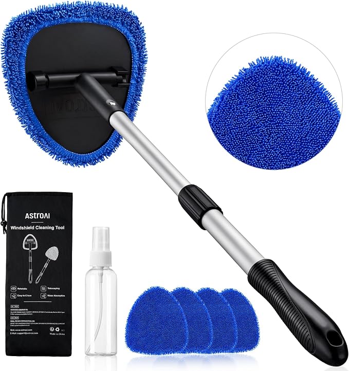 AstroAI 26" Super-Long Windshield Cleaner Tool, Car Interior Window Detailing Cleaning Kit with Extendable Handle and 4 Upgraded Reusable Microfiber Pads, Auto Glass Wiper Brush Kit for Car&Home, Blue