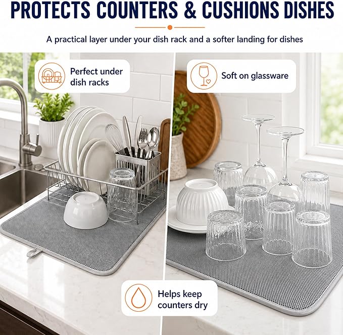 Dish Drying Mat 24 x 17 in, Large Microfiber Drying Mats, Absorbent Quick Dry Pad for Kitchen Counter, Countertop Protector for Dishes, Pots & Pans, Machine Washable, Gray (1 PCS)