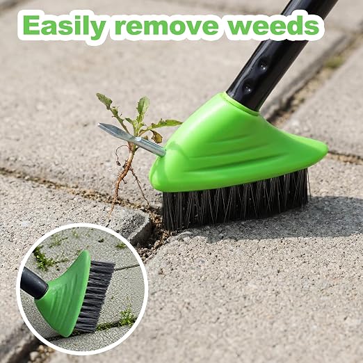 3 in 1 Scrub Brush with Long Handle – Your All-Purpose Deck Brush, Weeding Tool & Concrete Scrubber Tackle Patio Weeds, Floor Stains, Moss, and Rust with one Versatile Set. (Green)