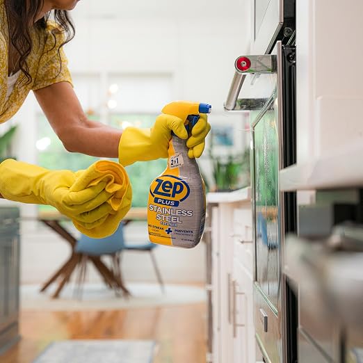 Zep Plus Stainless Steel Cleaner 32 oz (2 Units) & a Blue Microfiber Rag ECBD022 - Streak-Free Fingerprint Removal for Stainless Steel Appliances