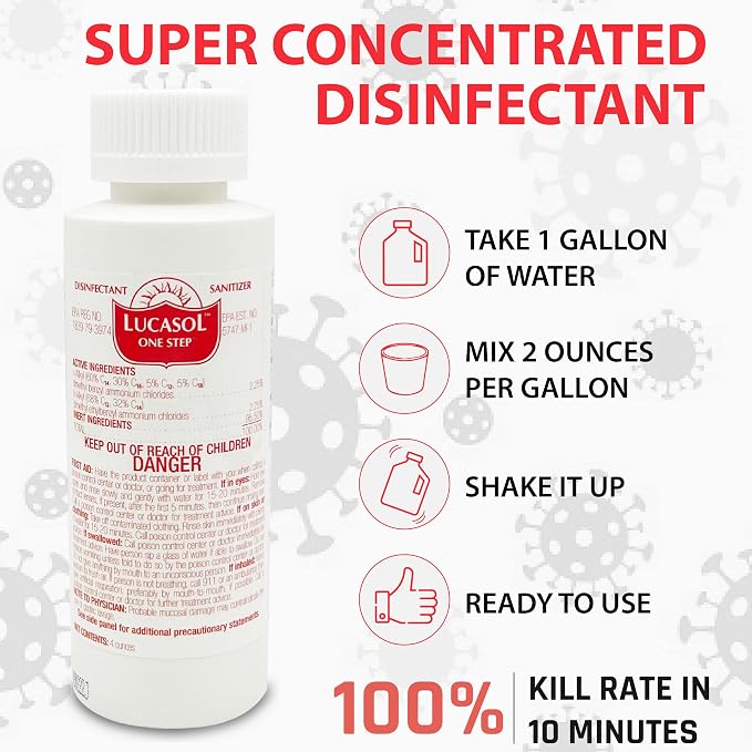 Lucasol One Step Disinfectant, All Purpose Cleaner Disinfectant For Hospitals, Barber Supplies, Household Essentials, School, Salons, Household Cleaning And More - 4 Fl Oz
