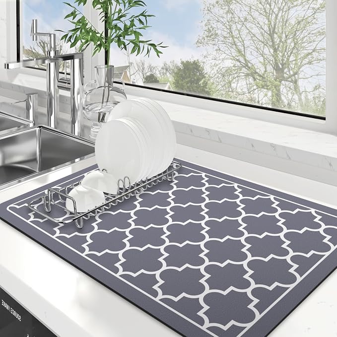 WISELIFE Dish Drying Mat Super Absorbent Drying Mat Large Dish Drying Mats for Kitchen Counter Easy Clean Dish Mat Kitchen Drying Mat16"x 24" Stylish Grey