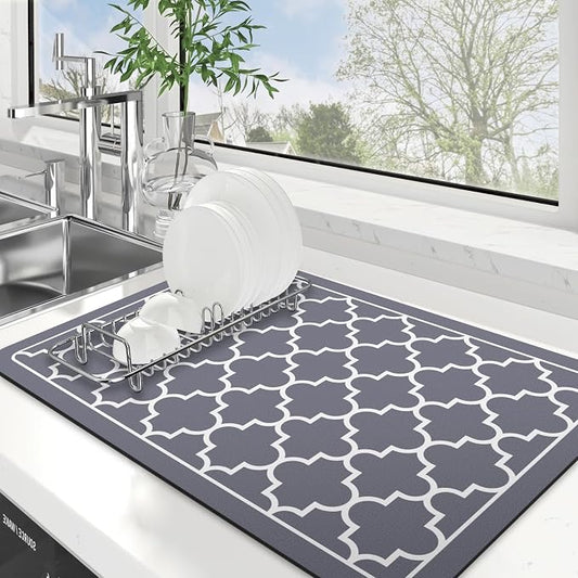 WISELIFE Dish Drying Mat Super Absorbent Drying Mat Large Dish Drying Mats for Kitchen Counter Easy Clean Dish Mat Kitchen Drying Mat16"x 24" Stylish Grey