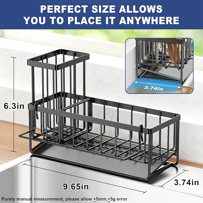 Sponge Holder for Kitchen Sink, Kitchen Sink Caddy, Kitchen Sink Sponge Holder, Dish Sponge Holder, Kitchen Sink Organizer for Sponge, Dish Brush, Scrubber(9.65" x 3.74" x 6.3", Black)