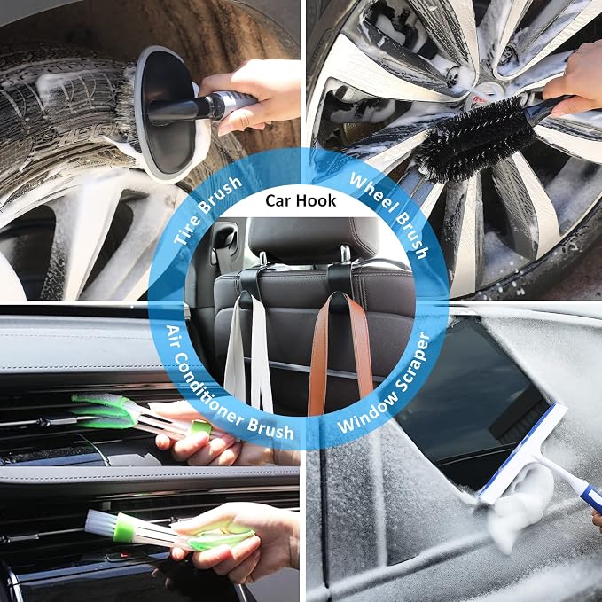 41Pcs Car Cleaning Wash Kit Interior Detailing Cleaner Kit with High Power Handheld Vacuum, Collapsible Bucket, Windshield Tool, Snow Shovel, Tire Brush, Complete Car Care Tools, Blue