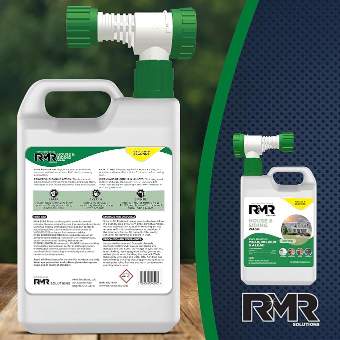 RMR House and Siding Wash - Commercial-Grade Outdoor Stain Remover for Mold, Mildew, and Algae, 64 Ounce Bottle With Hose-End Adapter