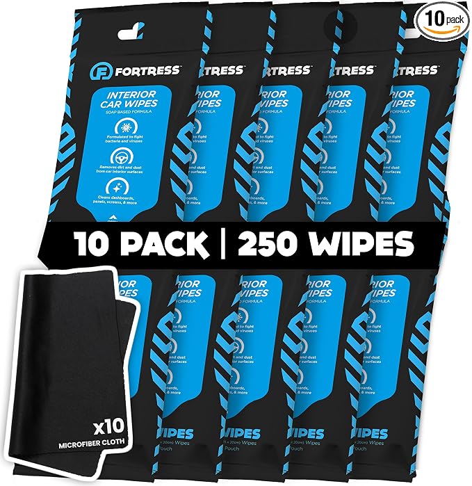Fortress Car Interior Wipes with Microfiber Cloth (25 ct, Pack of 10) for Car Interior Cleaning, Dashboard, Seats, Detailing, and Steering Wheel [Travel Size] Skin-Safe Car Interior Cleaner Supplies