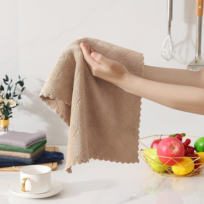 Homaxy Kitchen Towels and Dishcloths Set, 10 x 10 and 13 x 19 Inches, Set of 12 Super Soft and Absorbent Coral Velvet Kitchen Towels, No Lint and Nonstick Oil Fast Drying Dish Towel, Tan