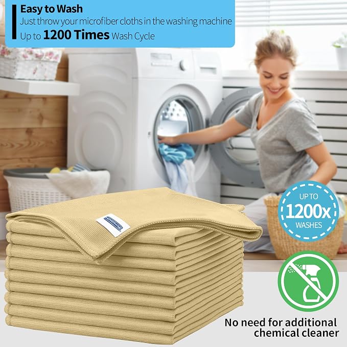 Microfiber Cleaning Cloth - 10 Pack Glasses Cleaning Cloth, 16" x 14" Window Cleaning Rags, Streak Free Lint Free Polishing Cloths Wipes for Eye Glass, Stainless Steel, Windshield, Beige