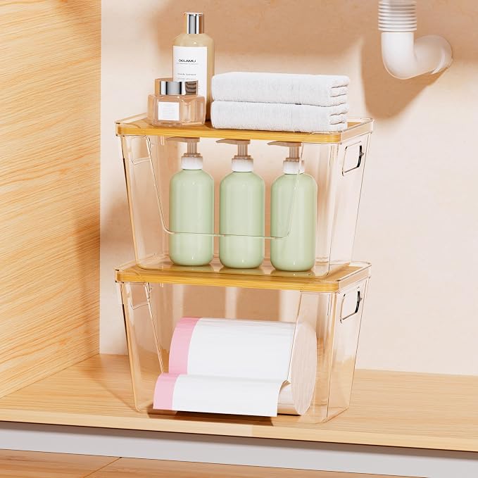 Delamu Acrylic Trash Bag Holder, 2 Pack Stackable Garbage Holder for 4-33 Gallon Bags, Clear Organizer Bins for Under Sink Organization, Pantry Storage, Cabinet, Kitchen, Laundry, Bathroom