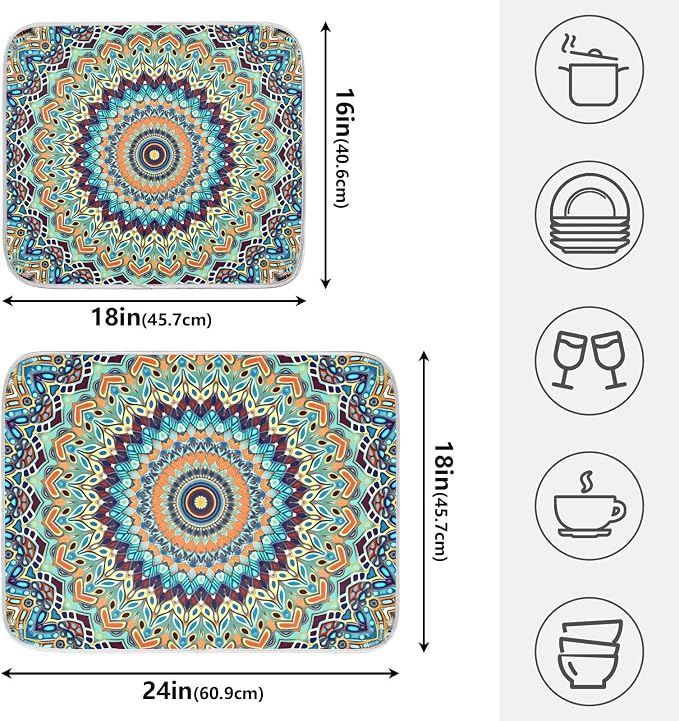Bohemian Mandala Dish Drying Mat for Kitchen Counter Absorbent Microfiber Large Boho Ethnic Drying Pad Dish Mats for Kitchen Countertops 18 x 24 Inch