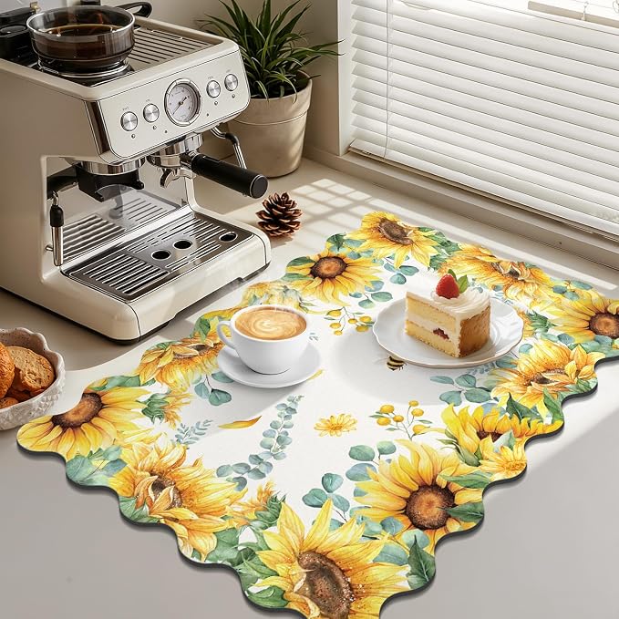 LOKHOM Scalloped Floral Dish Drying Mat, 18"x24" Super Absorbent Coffee Mat with Watercolor Yellow Sunflowers, Cuttable Hide Stain Non-slip Drying Mat for Kitchen Counter Coffee Maker Espresso Machine