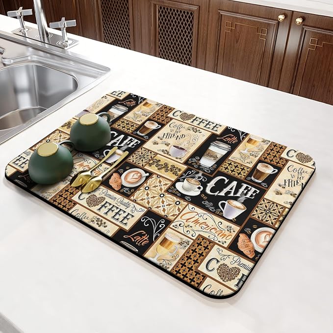 Fun Coffee Mat 23inx15in,Coffee Bar Mat for Countertops,Absorbent Hide Stain Anti-Slip Coffee Bar Accessories Fit Under Coffee Machine Mat,dish Drying Mats for Kitchen