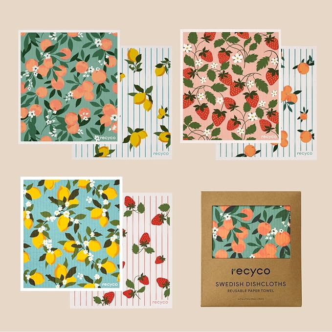 RECYCO Swedish Dishcloths for Kitchen | 6 Packs Orchard Grove Washable Dish Rags | Cellulose Reusable Cleaning Paper Towels | Absorbent Counter Dish Cloth Sponge Kitchen Wipes, 8" L x 7" W