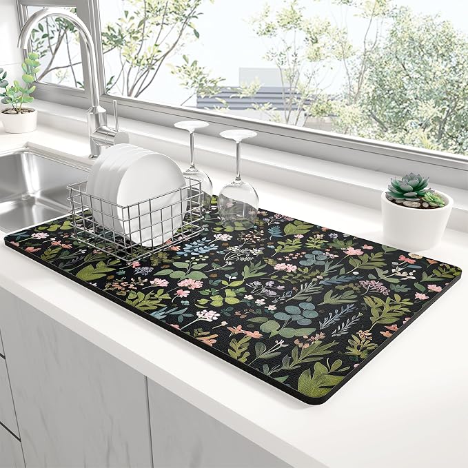 Rnivvi Dish Drying Mat for Kitchen Counter, XL 15 x 24" Cute Flower Theme Super Absorbent Drainer Pad, Non-Slip Heat Resistant Coffee Bar Mat for Coffee Machine Station Accessories,Black Dish Rack Pad
