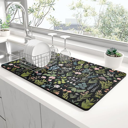 Rnivvi Dish Drying Mat for Kitchen Counter, XL 15 x 24" Cute Flower Theme Super Absorbent Drainer Pad, Non-Slip Heat Resistant Coffee Bar Mat for Coffee Machine Station Accessories,Black Dish Rack Pad