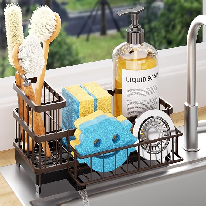 Consumest Sponge Holder for Kitchen Sink - Auto Draining Sink Caddy Organizer with Detachable Rack, High Brush Holder, Kitchen Countertop Storage Accessories, Bronze