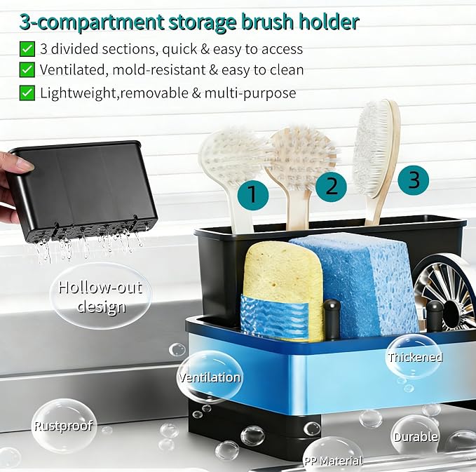 304 Stainless Steel Sink Caddy with Auto-Drain, Rustproof Sink Organizer, Sponge Holder with Removable Brush Holder & Towel Rack, Countertop Storage for Dish Soap Dispenser, Kitchen Sink Accessories