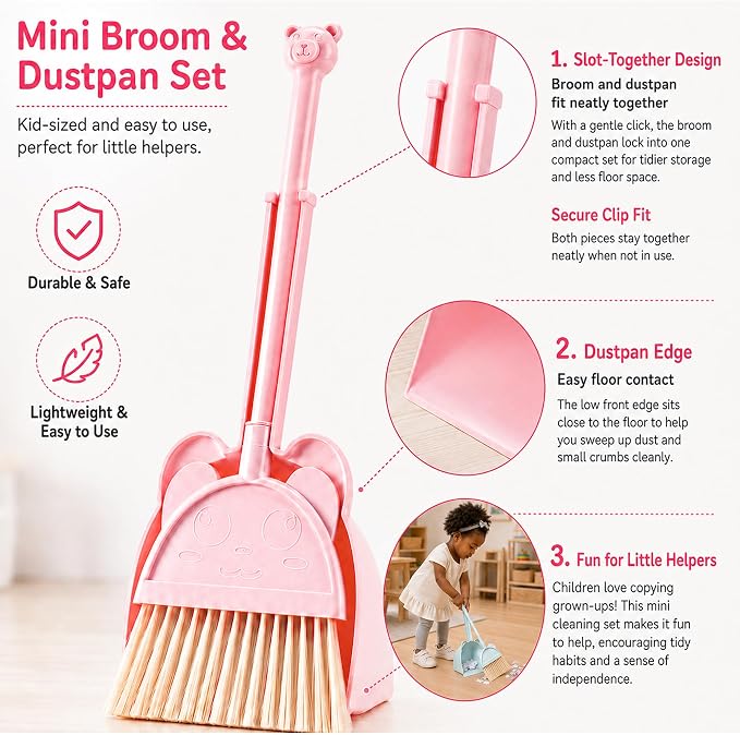 Mini Broom with Dustpan for Kids,Little Housekeeping Helper Set (Pink)