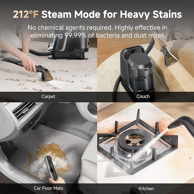 Uwant Carpet Cleaner Machine with Steam&Hot&Cold Water System 18Kpa Powerful Suction Upholstery Cleaner Machine with Textile Cleaner for Pets, Carpet Steam Cleaner with Specialty Tools for Cars