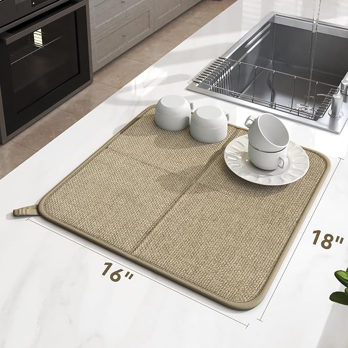 YDKGL Dish Drying Mat for Kitchen Counter, Ultra Absorbent & Fast Drying Dish Mat Machine Washable Foldable Drying Pad for Countertops, Sinks, Draining Racks, Brown