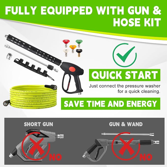 M MINGLE Pressure Washer Hose and Gun Kit, 25FT Power Wash Hose with 5 Tips | M22-14mm Fitting, Replacement for Ryobi, Simpson, Craftsman, Ideal for Car, Driveway, Patio & Household Deep Washing