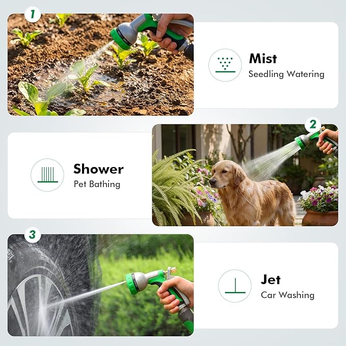 RESTMO Garden Hose Nozzle Heavy Duty, Rear Trigger Water Sprayer, Green | 7 Adjustable Spray Patterns, Durable Metal, Flow Control, Ideal for Plants & Lawns Watering, Cars & Pets Washing