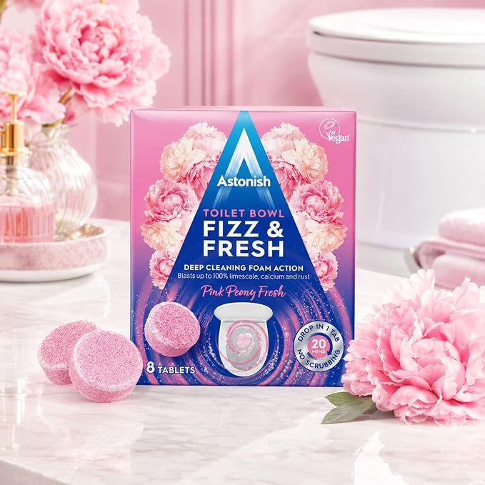 Astonish Toilet Bowl Cleaner Tablets, 8 Count – Fizzing Drop In Tabs Remove Limescale, Calcium & Rust – No Scrub Foaming Action, Vegan & Cruelty Free, Fresh Peony Scent