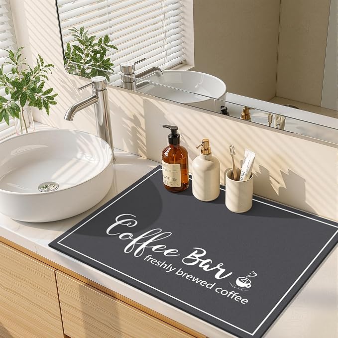 Findosom Dish Drying Mat, 18" x 24" Super Absorbent & Hide Stain Coffee Mat, Cuttable Drying Mat for Kitchen Counter, Coffee Bar Accessories, Under Dish Rack, Coffee Maker, Espresso Machine, DarkGrey