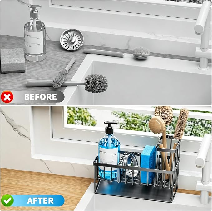 Cisily Sink Caddy Sponge Holder for Kitchen with Brush Holder and Stainless Steel Self Drain Tray, Rustproof Kitchen Sink Organizer for Sponge, Soap Dispenser Storage Accessories