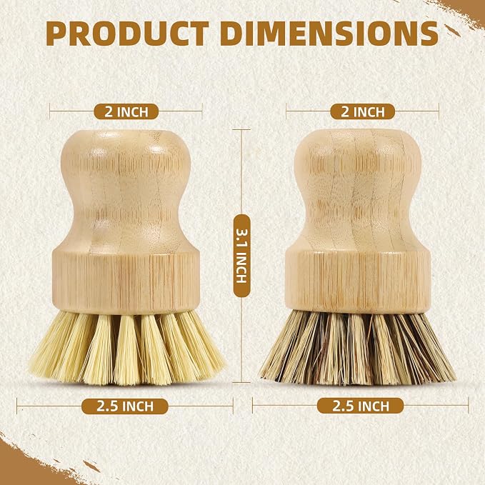 4 Pack Bamboo Dish Brush Set, Natural Palm Dish Scrubber for Pots and Vegetables, Sisal Bristle Bamboo Scrub Brush for Cleaning Dishes and Pans