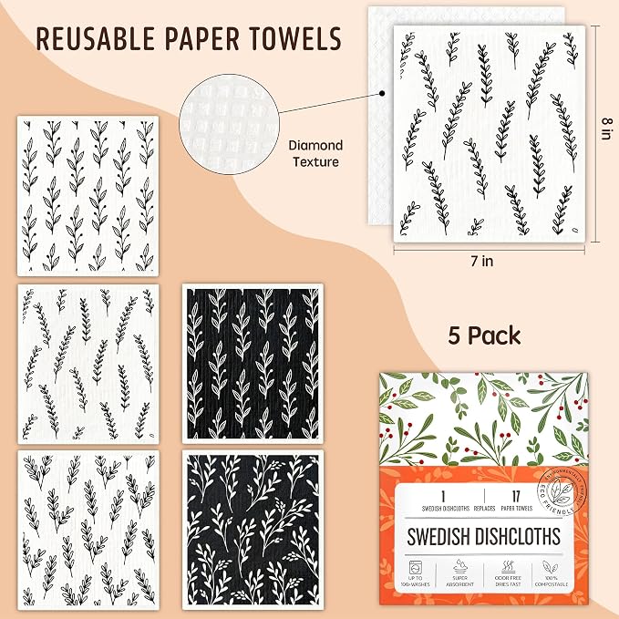 Swedish Dishcloths for Kitchen, 5 Pack Reusable Paper Towels Washable, Super Absorbent Swedish Dish Cloths, Non-Scratch, No Odor