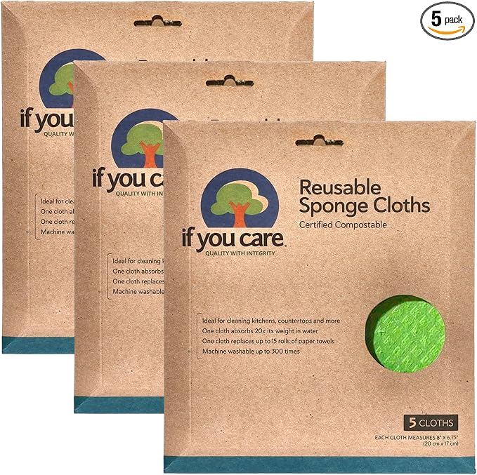 If You Care Sponge Cloths – 5 Count – 100% Natural Cleaning Rags for Kitchen, Bathroom, Home Countertop Surfaces – Absorbent, Reusable, Machine Washable, Compostable (Pack of 3)