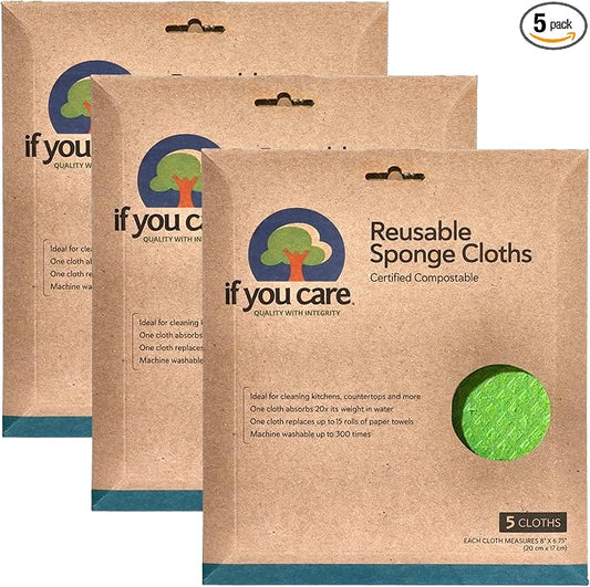 If You Care Sponge Cloths – 5 Count – 100% Natural Cleaning Rags for Kitchen, Bathroom, Home Countertop Surfaces – Absorbent, Reusable, Machine Washable, Compostable (Pack of 3)