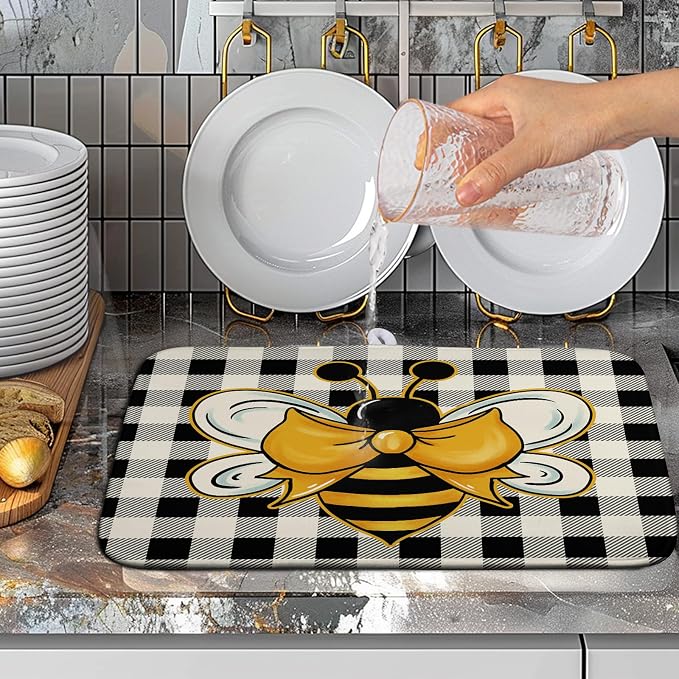 Summer Bumble Bee Drying Mat for Kitchen Counter 16×18 Inch Black White Buffalo Check Honey Bee Print Dish Drying Mats Kitchen Accessories Dish Rack Mat