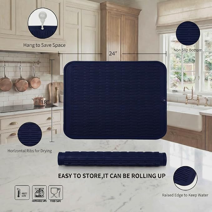 MicoYang Silicone Dish Drying Mat for Multiple Usage,Easy clean,Eco-friendly,Heat-resistant Silicone Mat for Kitchen Counter or Sink,Refrigerator or Drawer Liner Navy Blue 2XL 24 inches x 18 inches