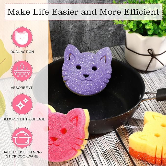 FillTouch 3 Pcs Dual Sided Scrub Sponge Multi Functional Cute Temperature Sensitive Non Scratch Dish Sponge for Washing Dishes Kitchen Bathroom(Cat,Pink, Yellow, Purple)