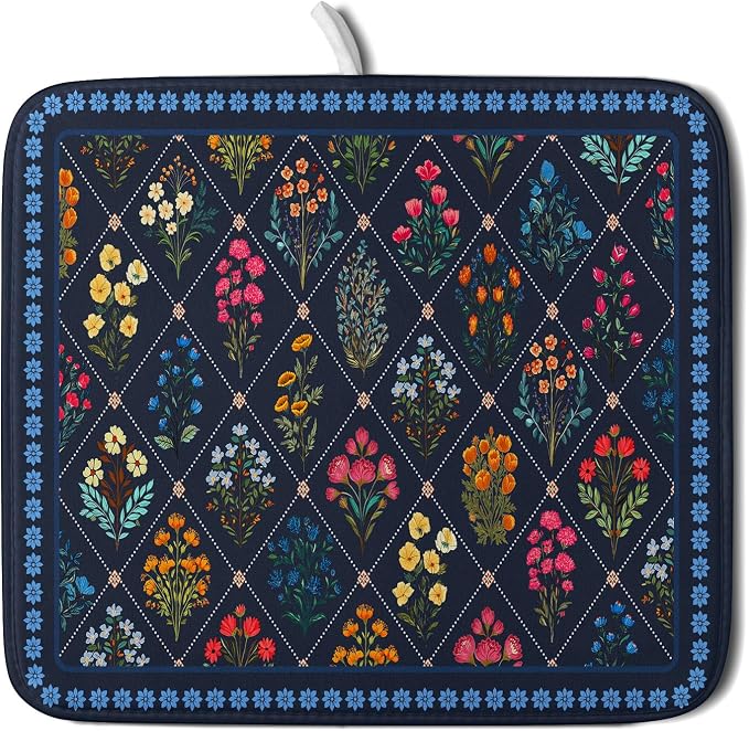 Lapis Blue Dish Drying Mat for Kitchen Counter Flowers Microfiber Absorbent Dish Draining Reusable Washable Small