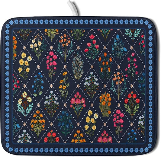 Lapis Blue Dish Drying Mat for Kitchen Counter Flowers Microfiber Absorbent Dish Draining Reusable Washable Small