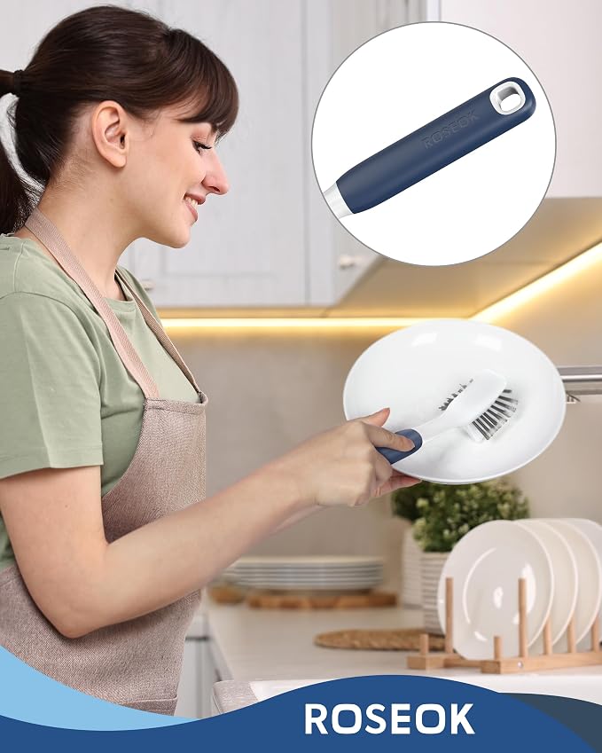 ROSEOK Dish Brush, Dish Scrubber, Nylon Bristles with Built-in Scraper | For Cleaning Dishes, Pots, Non-Stick Pans and Sinks, Navy Blue, 2 Pack