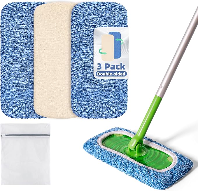 3 Pack Reusable Double-Sided Mopping Pads Compatible with Swiffer Sweeper Mop, Washable Wet & Dry Mopping Sweeping Cloth for Multi-Surface Cleaning, Dual-Sided Pad Refills (Not Include MOP)
